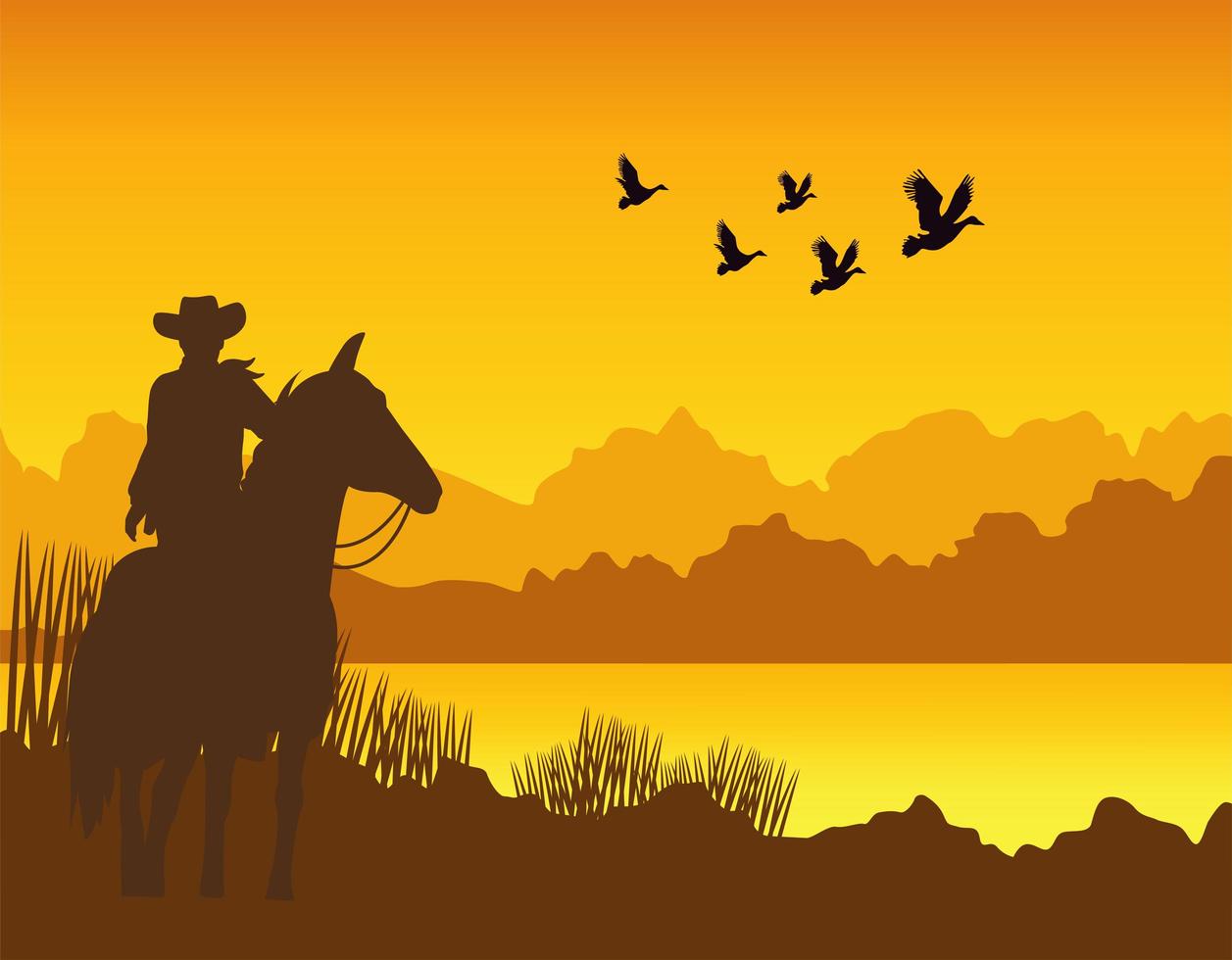 Wilder Westen Sonnenuntergang Wüstenszene mit Cowboy in Pferd und Möwen fliegen and vektor