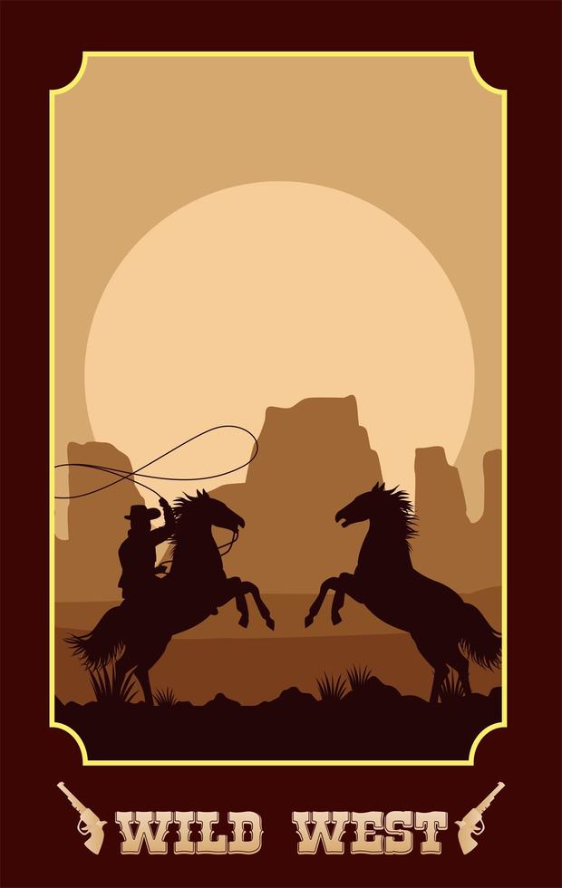vilda västern bokstäver i affisch med cowboy i hästar lassoing vektor