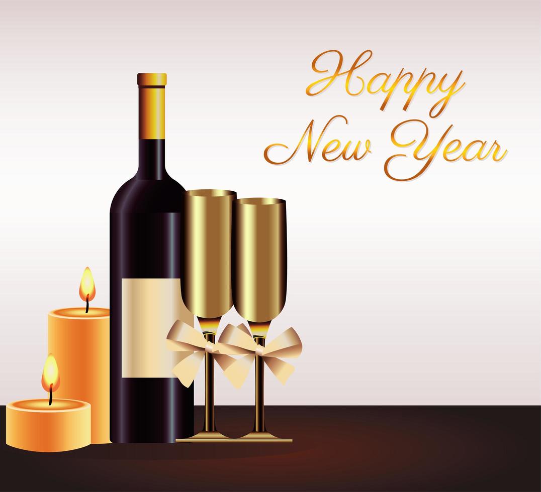 Frohes neues Jahr-Schriftzug-Karte mit Champagner und Kerzen vektor
