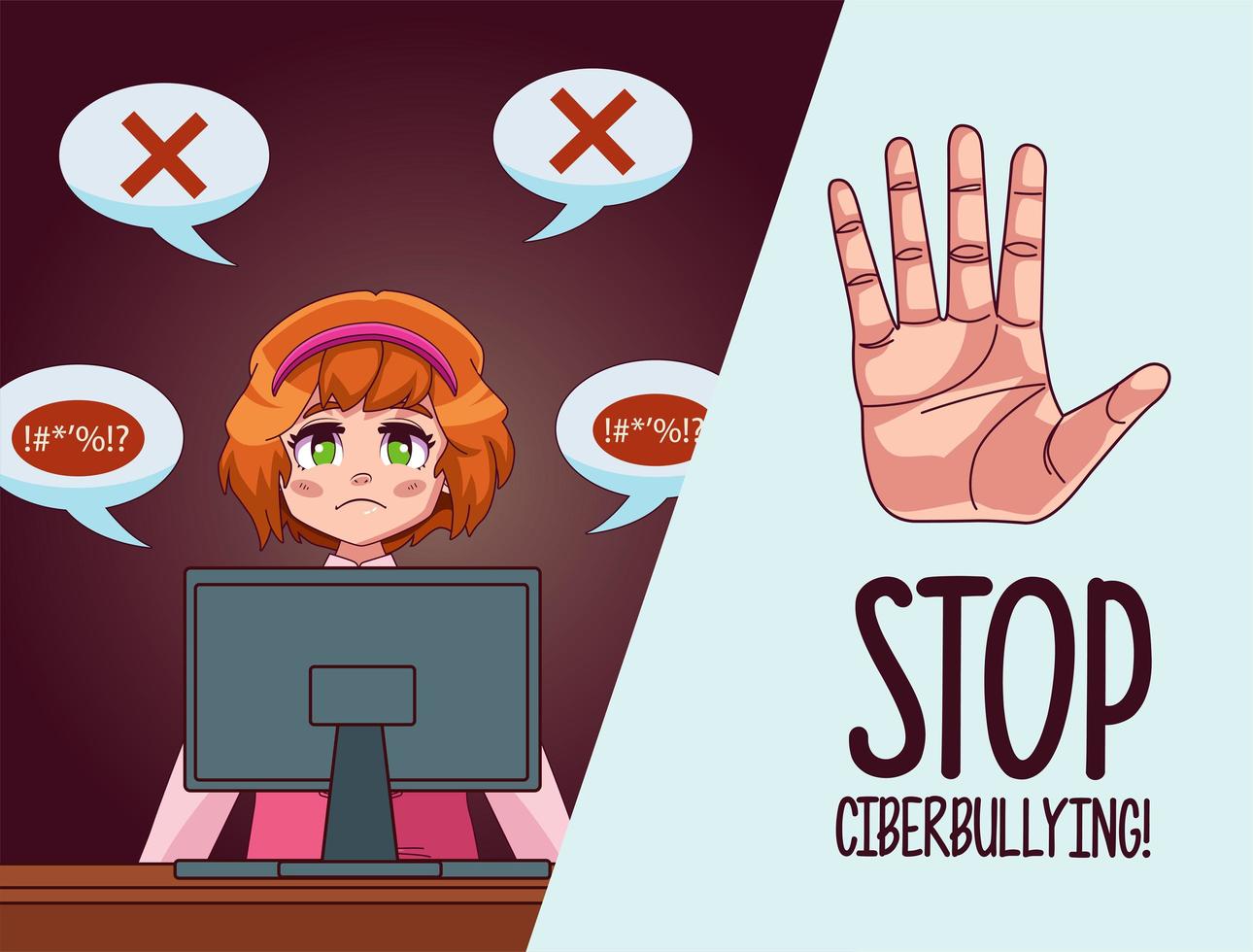 junges Teenager-Mädchen mit Desktop mit Stop-Mobbing-Schriftzug vektor