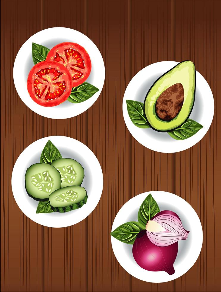 vegetarisk hälsosam mat med grönsaker i maträtt över träbakgrund vektor