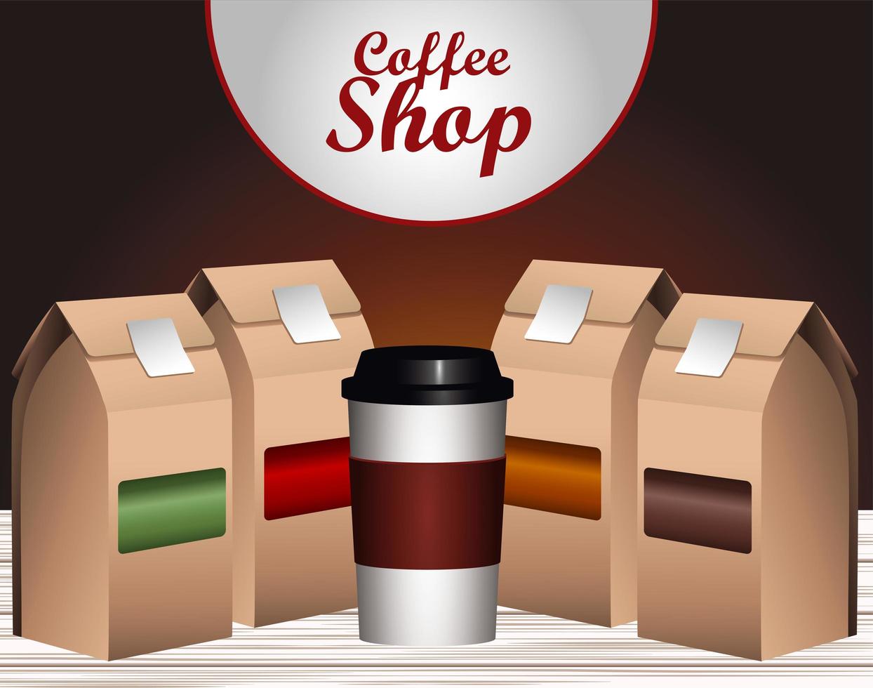 Coffeeshop-Schriftzug mit Kanne und Verpackungskartons vektor