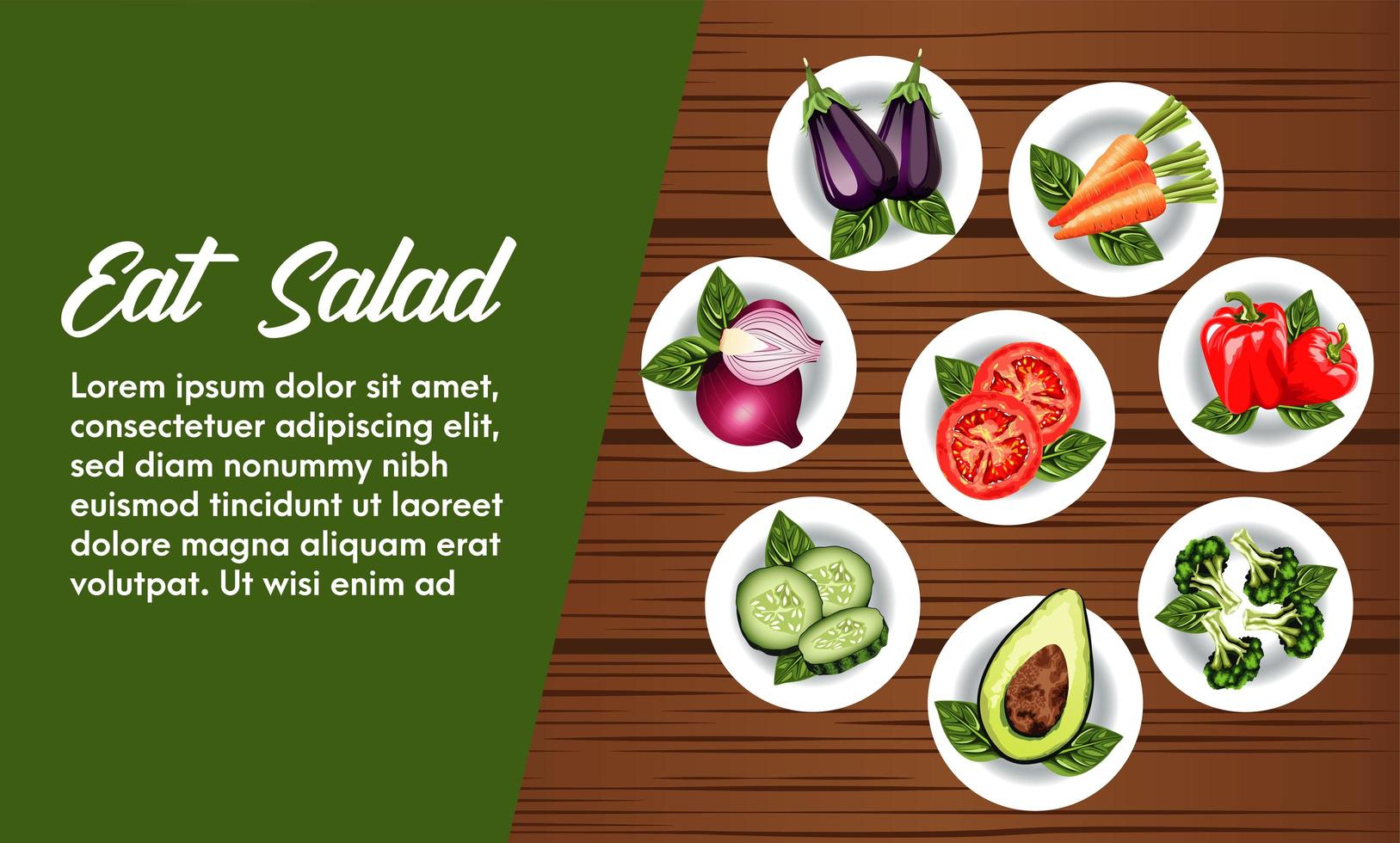 Essen Sie Salat-Schriftzug-Poster mit Gemüse in Gerichten über Holzhintergrund vektor