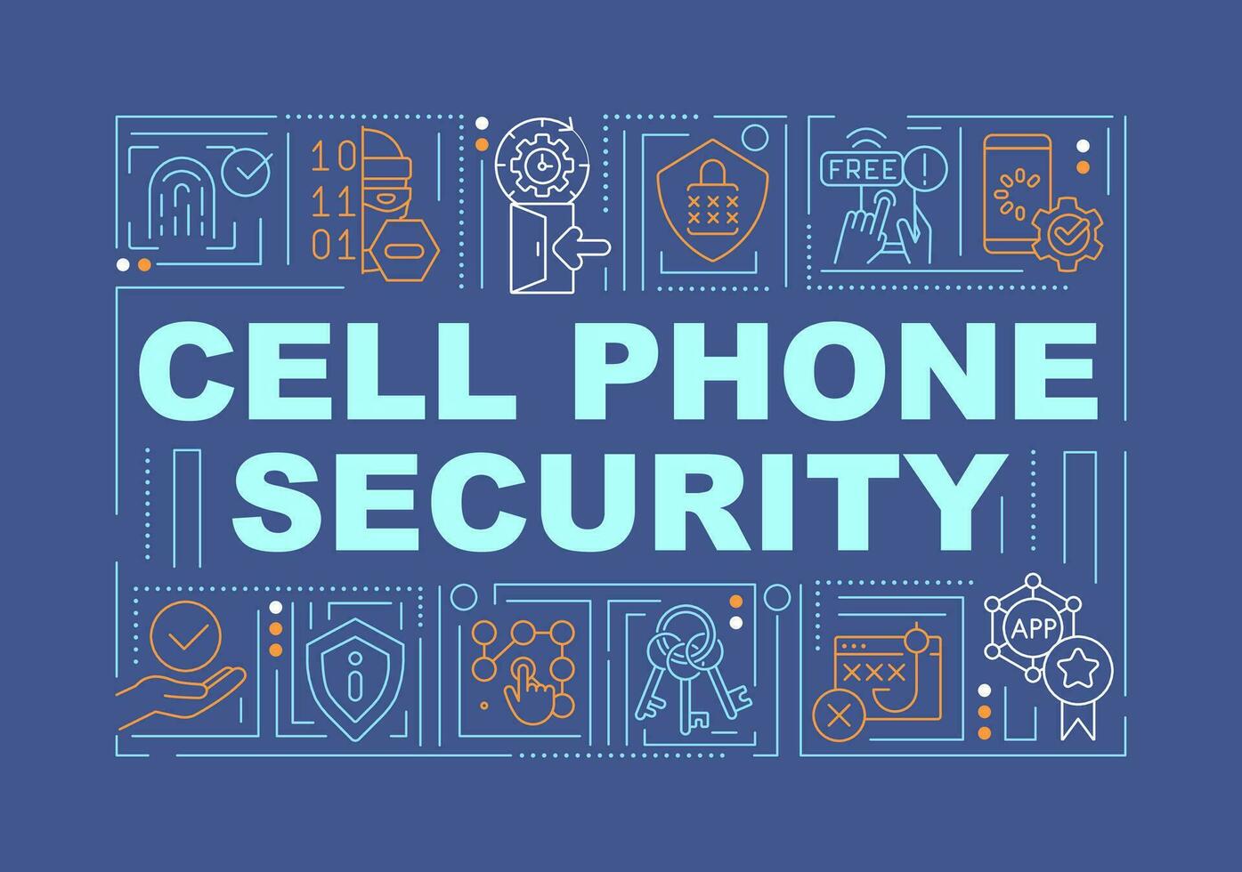 Zelle Telefon Sicherheit Wort Konzepte dunkel Blau Banner. Gerät Schutz. Infografiken mit editierbar Symbole auf Farbe Hintergrund. isoliert Typografie. Vektor Illustration mit Text