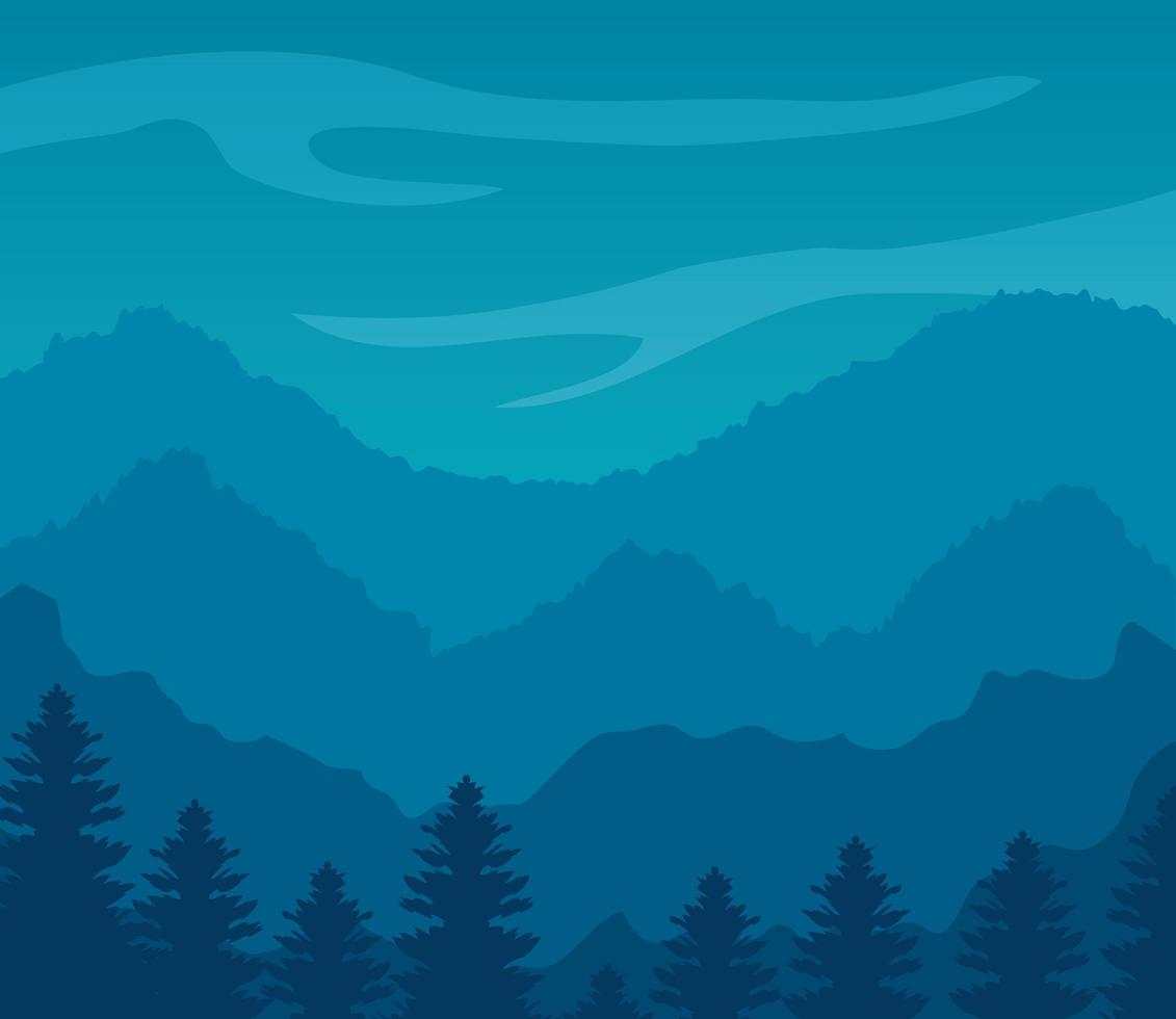 landskap blå med silhuett av berg och träd tall vektor