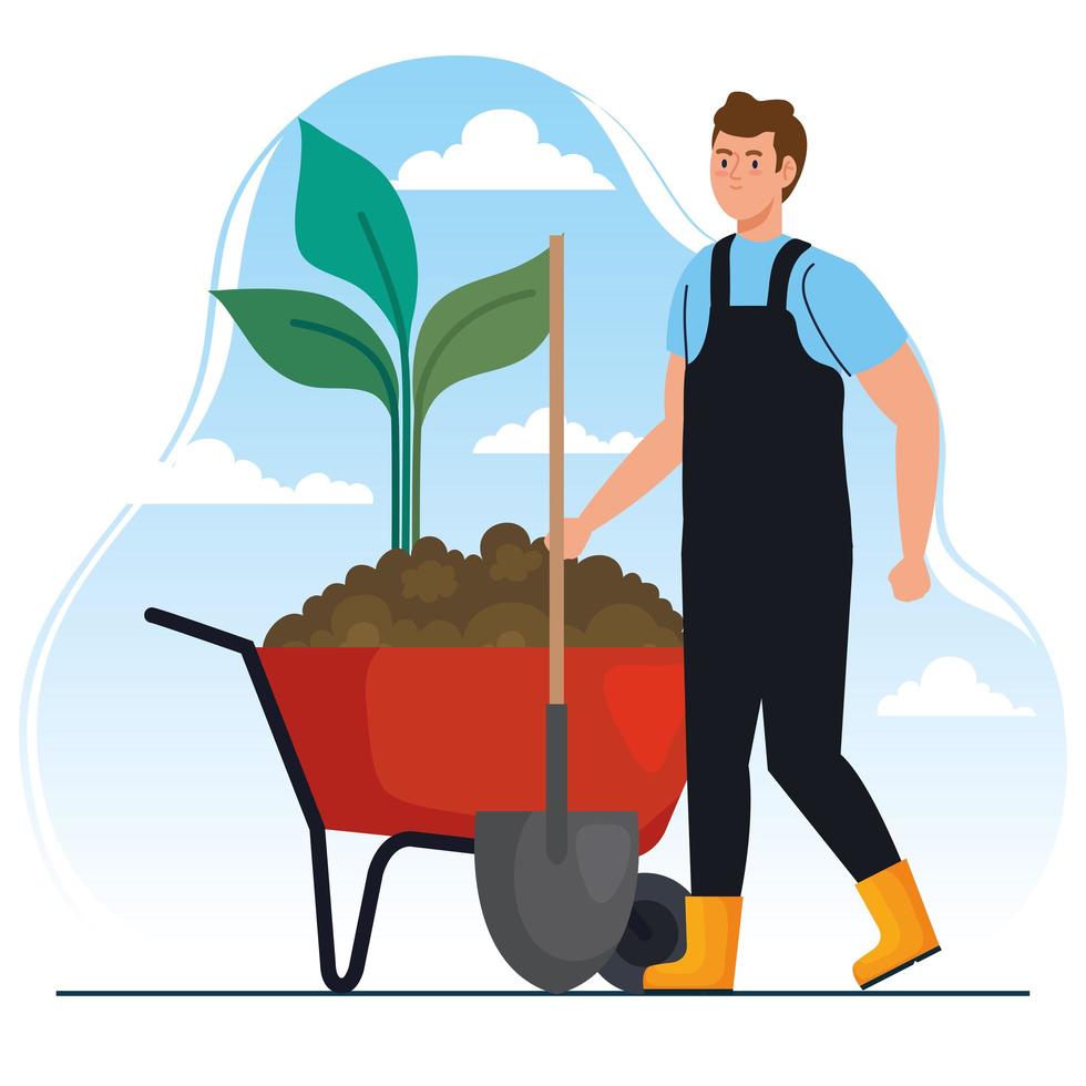 Gartenmann mit Schaufel und Pflanze auf Schubkarrenvektordesign vector