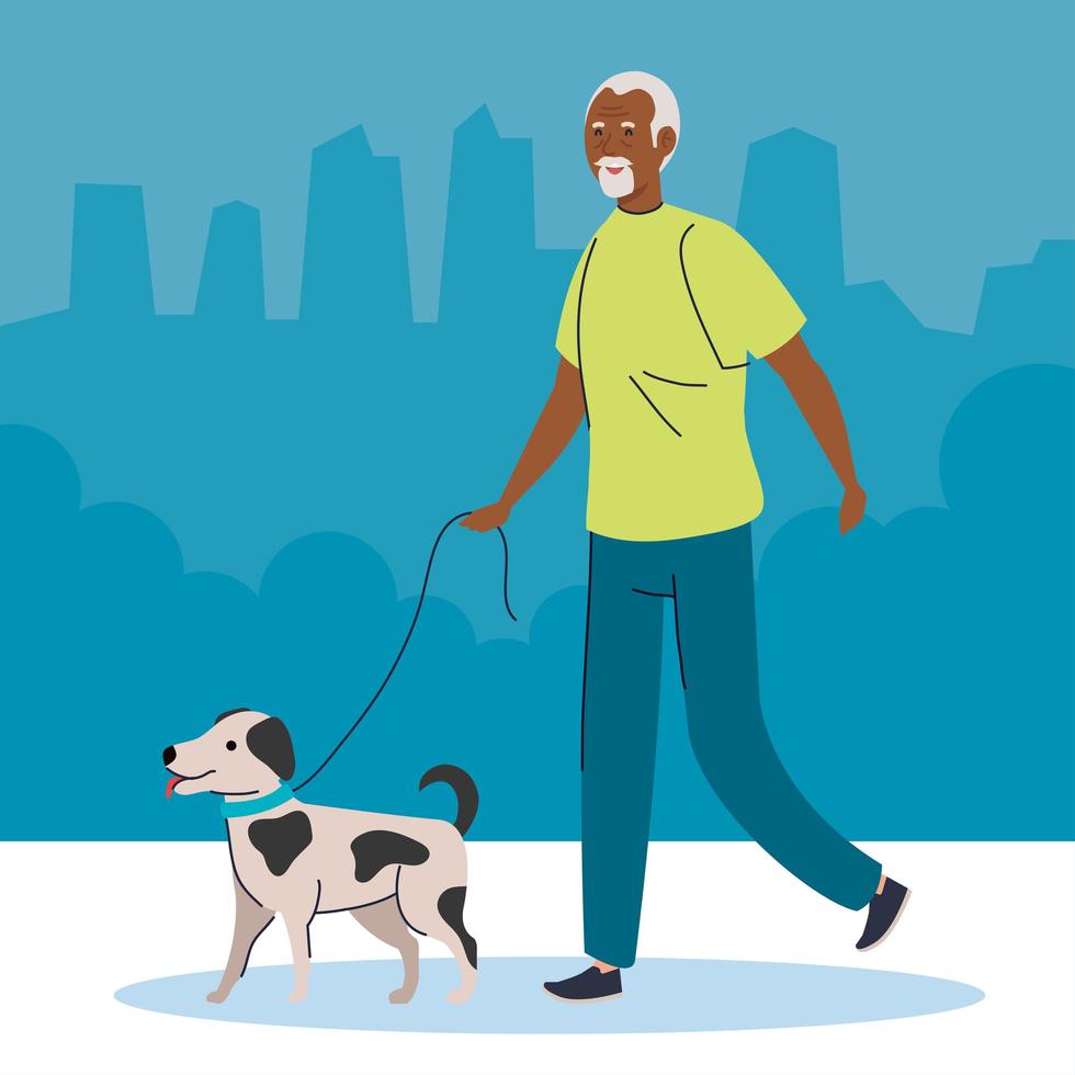 gammal man afro promenader med hund husdjur vektor