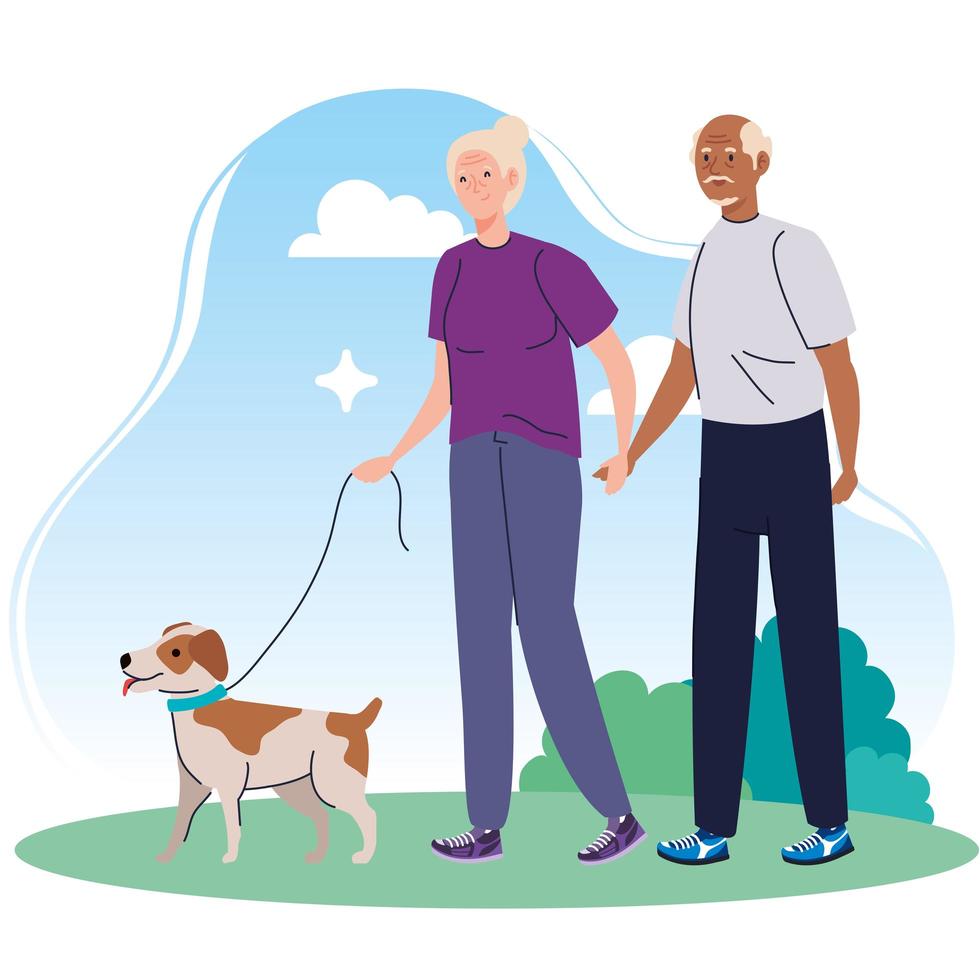 Altes Ehepaar, das mit Hund im Park spazieren geht vektor
