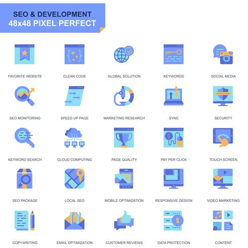 Einfache Set Seo und Entwicklung flache Icons für Website und Mobile Apps vektor