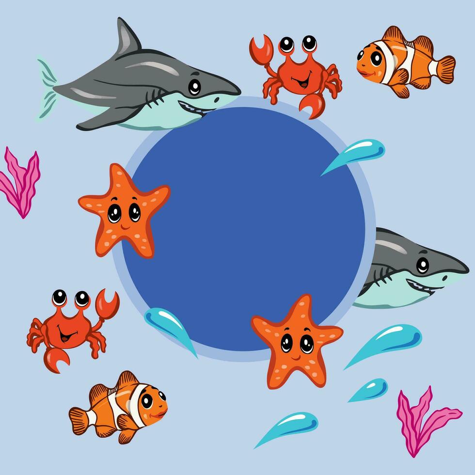 Seestern, Hai, Hülse, Krabbe, Fisch. Vektor Illustration auf ein Marine Thema. Banner zum Abdeckungen, Gruß Karten, Sommer- Banner, Baby Bilder.