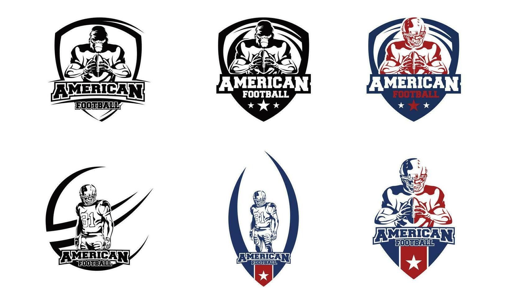 einstellen von bunt amerikanisch Fußball Turnier Herausforderung Logo Etiketten auf Schild. Vektor isoliert Sport Logo Design Illustration