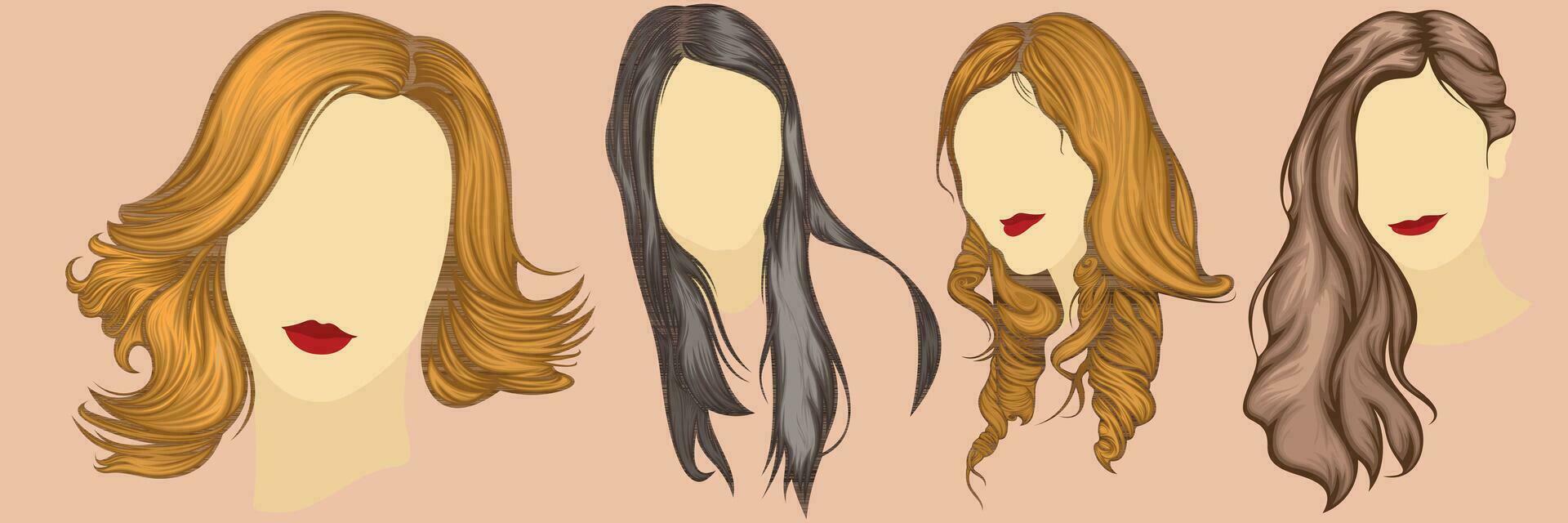 skön frisyr kvinna modern mode för sortiment. lång hår, kort hår, lockigt hår salong frisyrer och trendig frisyr vektor ikon uppsättning isolerat på vit bakgrund.