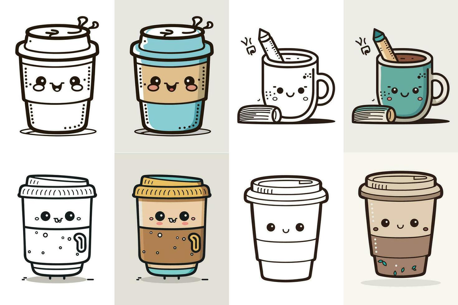 Kaffee Tasse Logo Design bündeln, süß Kaffee Tasse Charakter Design bündeln, bunt Kaffee Tasse Symbol Design, Essen und trinken Vektor Illustration, Linie Kunst Kaffee Tasse Illustration