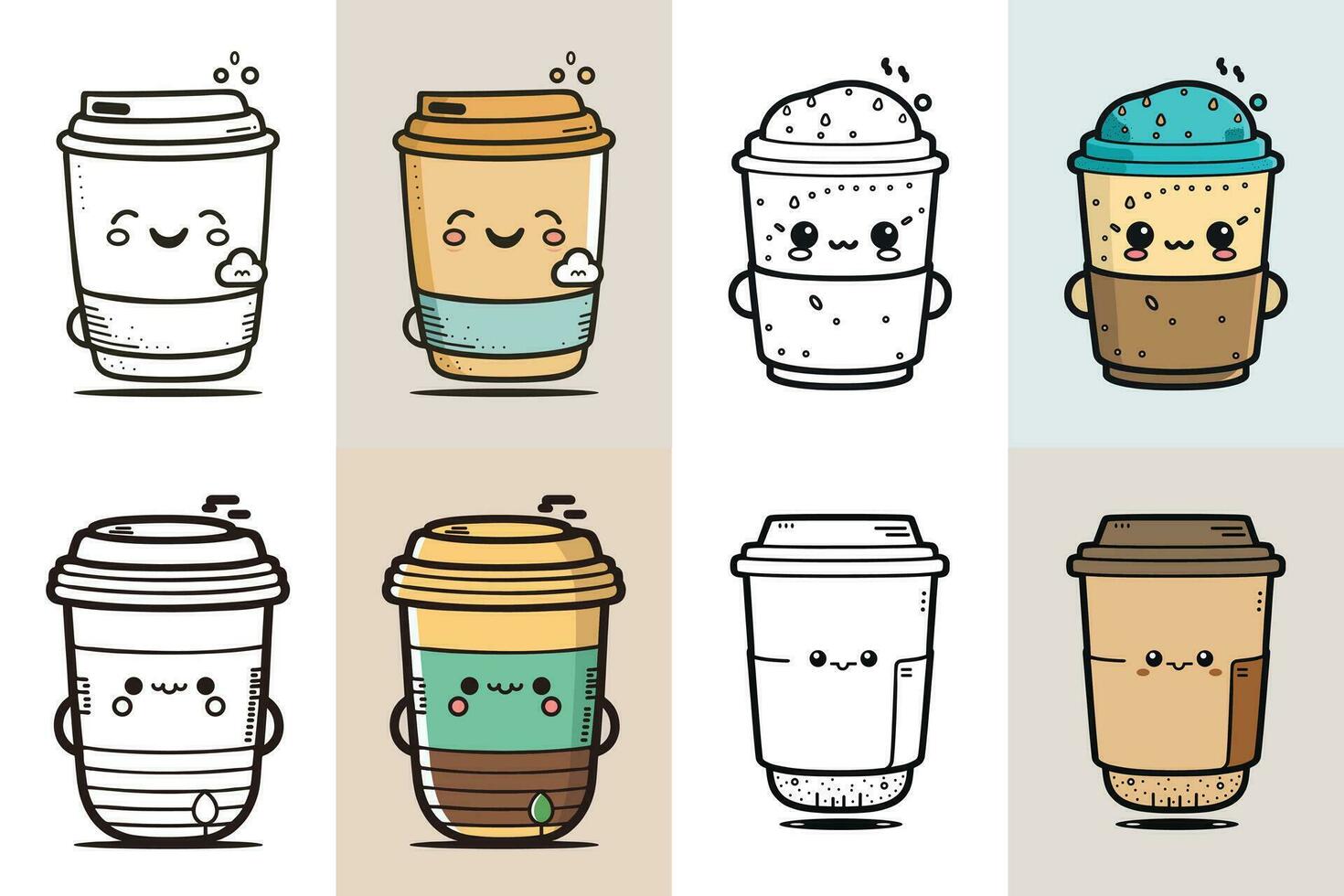 Kaffee Tasse Logo Design bündeln, süß Kaffee Tasse Charakter Design bündeln, bunt Kaffee Tasse Symbol Design, Essen und trinken Vektor Illustration, Linie Kunst Kaffee Tasse Illustration