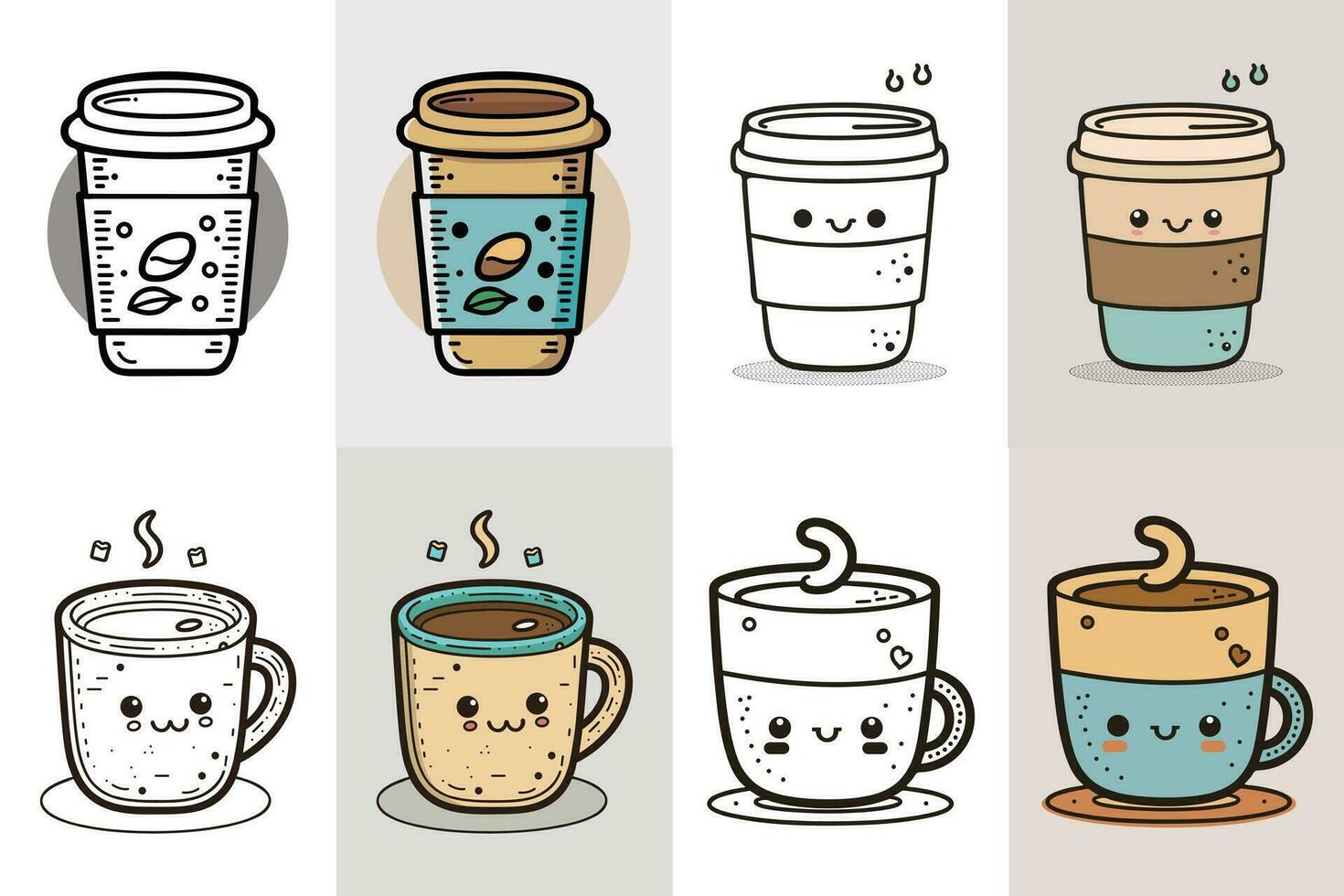 Kaffee Tasse Logo Design bündeln, süß Kaffee Tasse Charakter Design bündeln, bunt Kaffee Tasse Symbol Design, Essen und trinken Vektor Illustration, Linie Kunst Kaffee Tasse Illustration