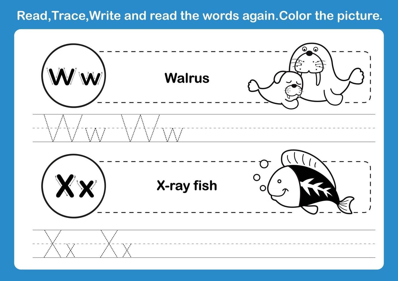 alfabetet wx övning med tecknad ordförråd för målarbok illustration vektor