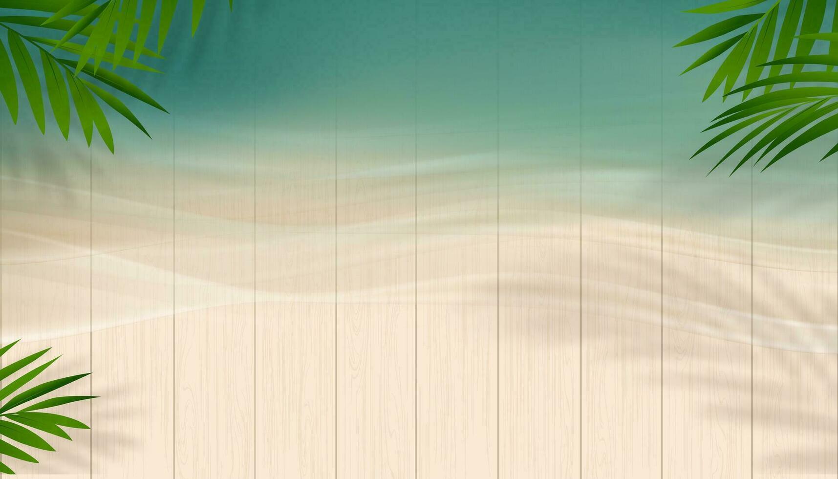 Sommer- Hintergrund Verkauf Banner template.top Aussicht Blau Ozean mit Sanft Wellen auf Holz Textur.Hintergrund mit Palme Blätter und Schatten auf Meer strand.vektor Banner zum Sommer- Berufung, Urlaub Verkauf Beförderung vektor