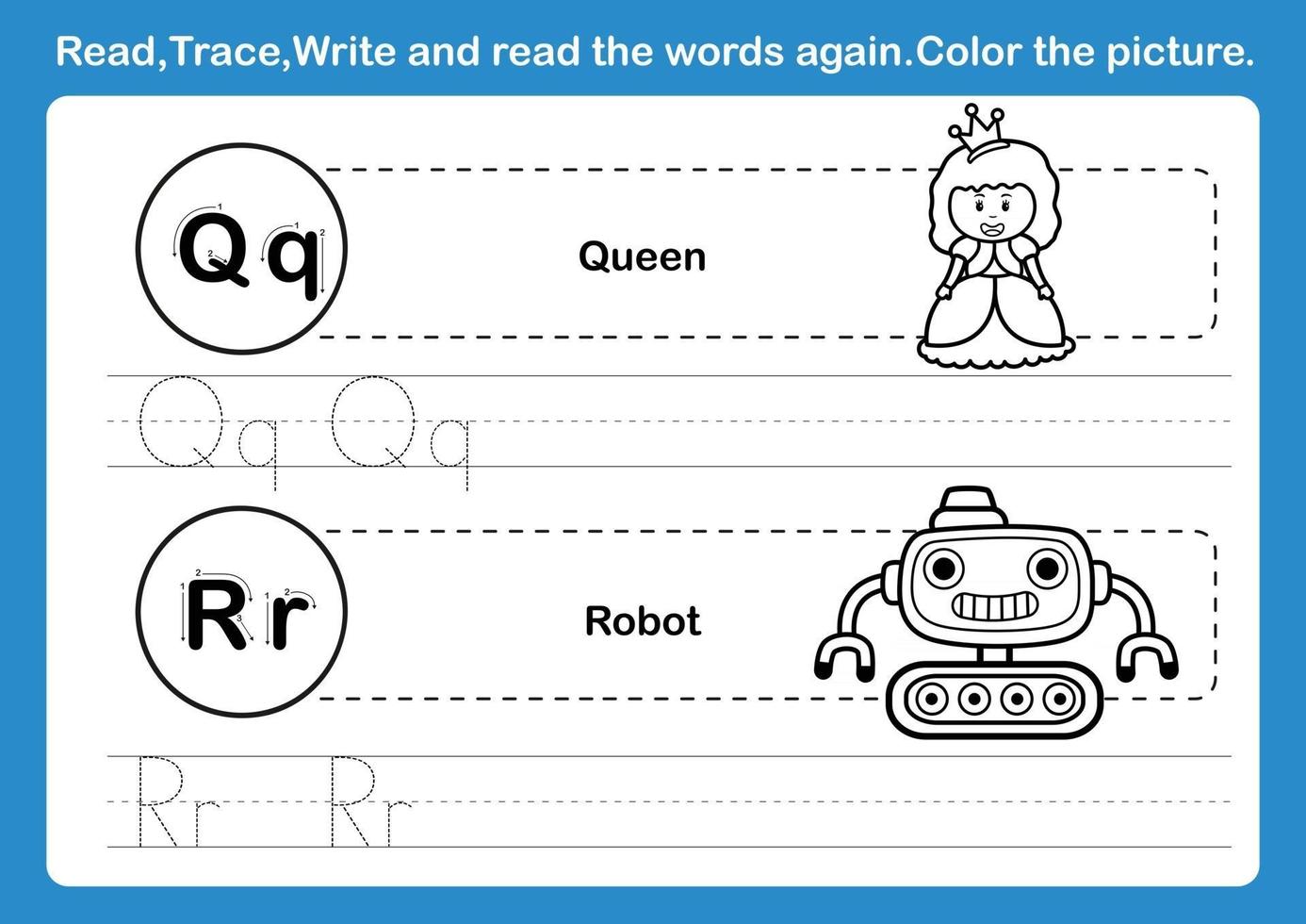 Alphabet-Qr-Übung mit Cartoon-Vokabular für Malbuchillustrationsvektor vektor