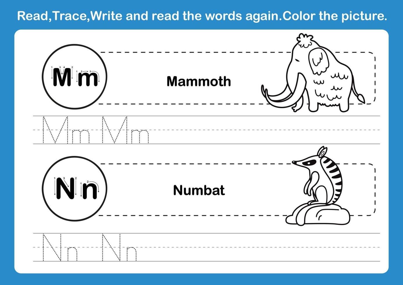 alfabetet mn övning med tecknad ordförråd för målarbok illustration vektor