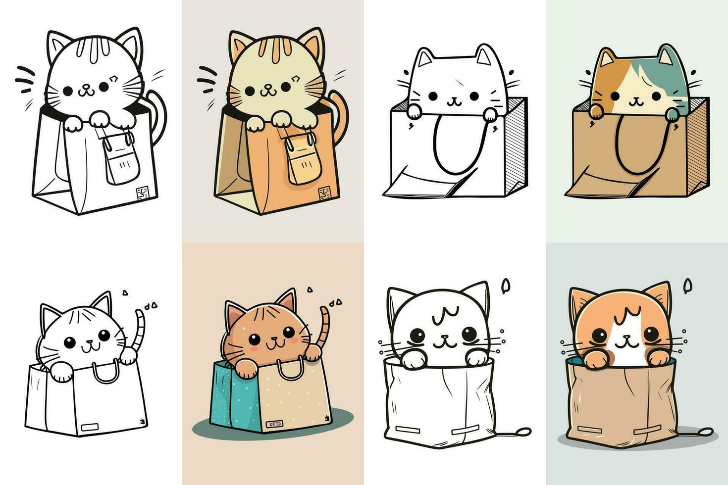 wenig Katze im ein Papier Einkaufen Tasche bündeln, Katze Karikatur im ein Papier Einkaufen Tasche bündeln, komisch Katze im ein Papier Einkaufen Tasche, Katze Liebhaber, süß Katze Logo Design. Katze Logo, Katze Karikatur Charakter Design. vektor