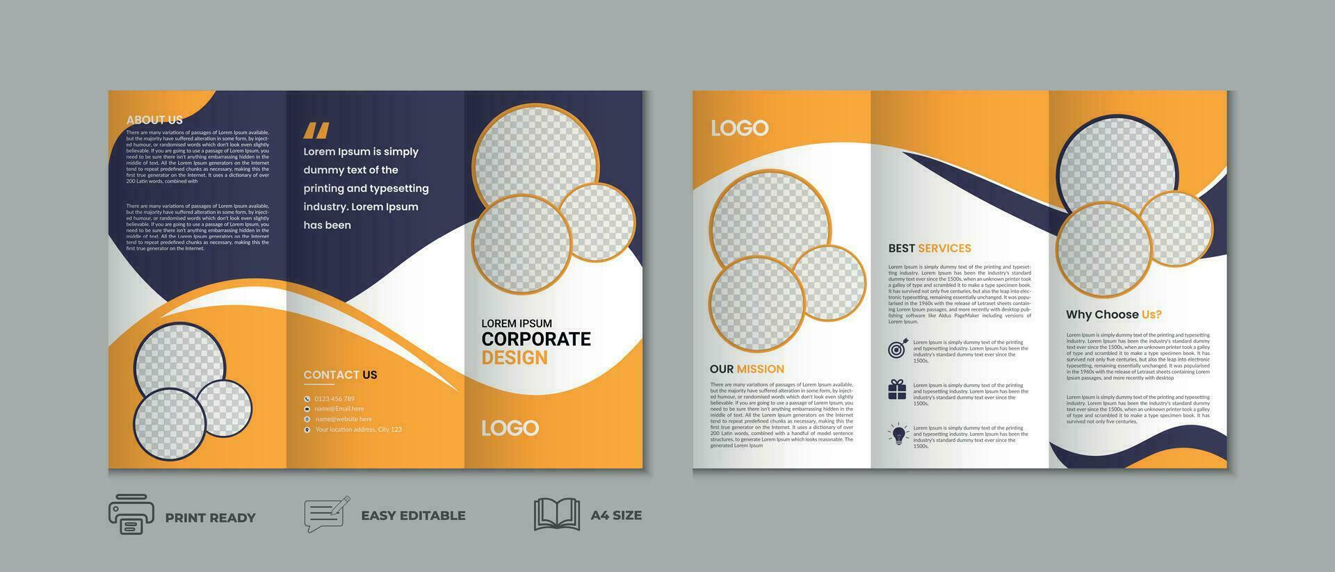 trifold broschyr mall, tre vika ihop omslag sida, tre vika ihop broschyr bakgrund layout design med attrapp vektor