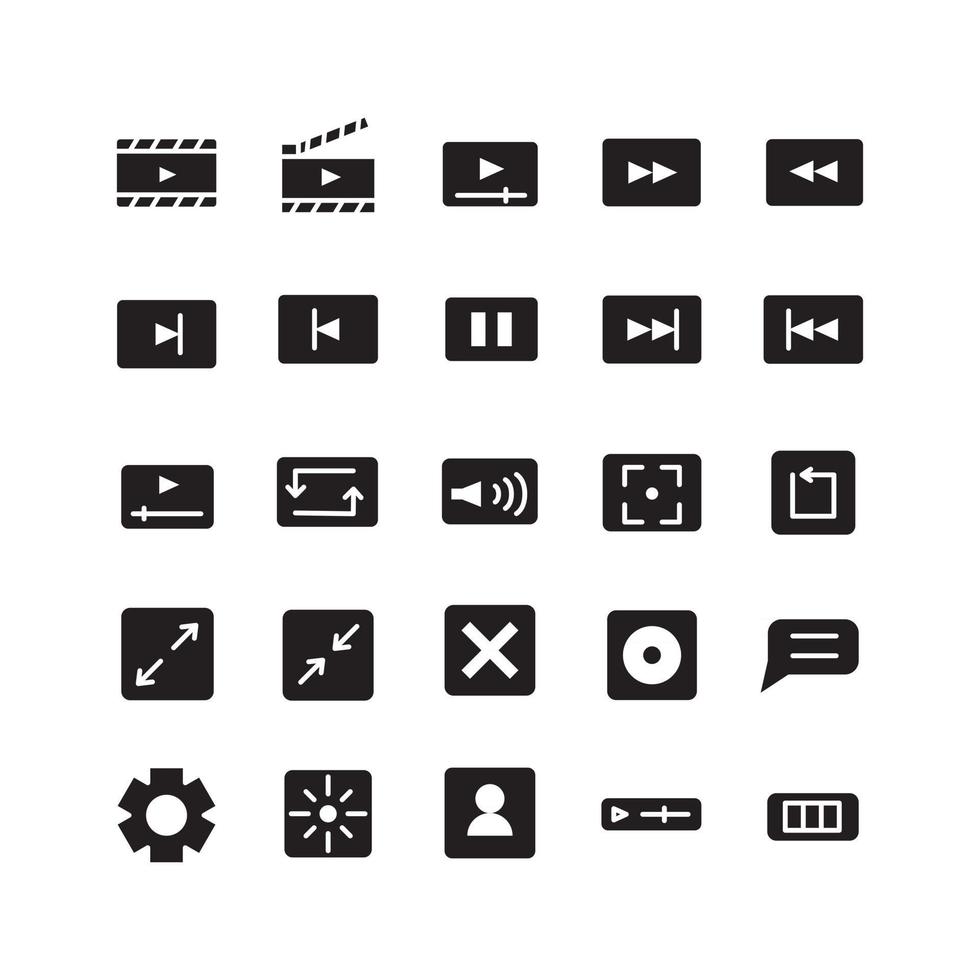 Video-Player-Icon-Set Vektor solide für die Präsentation der mobilen App auf der Website sozialer Medien, die für Benutzeroberfläche und Benutzererfahrung geeignet sind