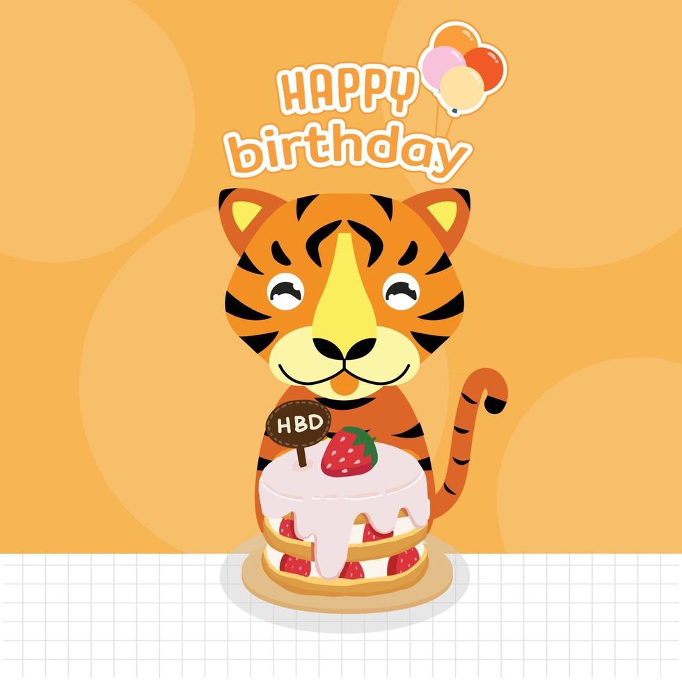 süßer Tiger hält eine Geburtstagstorte alles Gute zum Geburtstag Grußkarte vektor