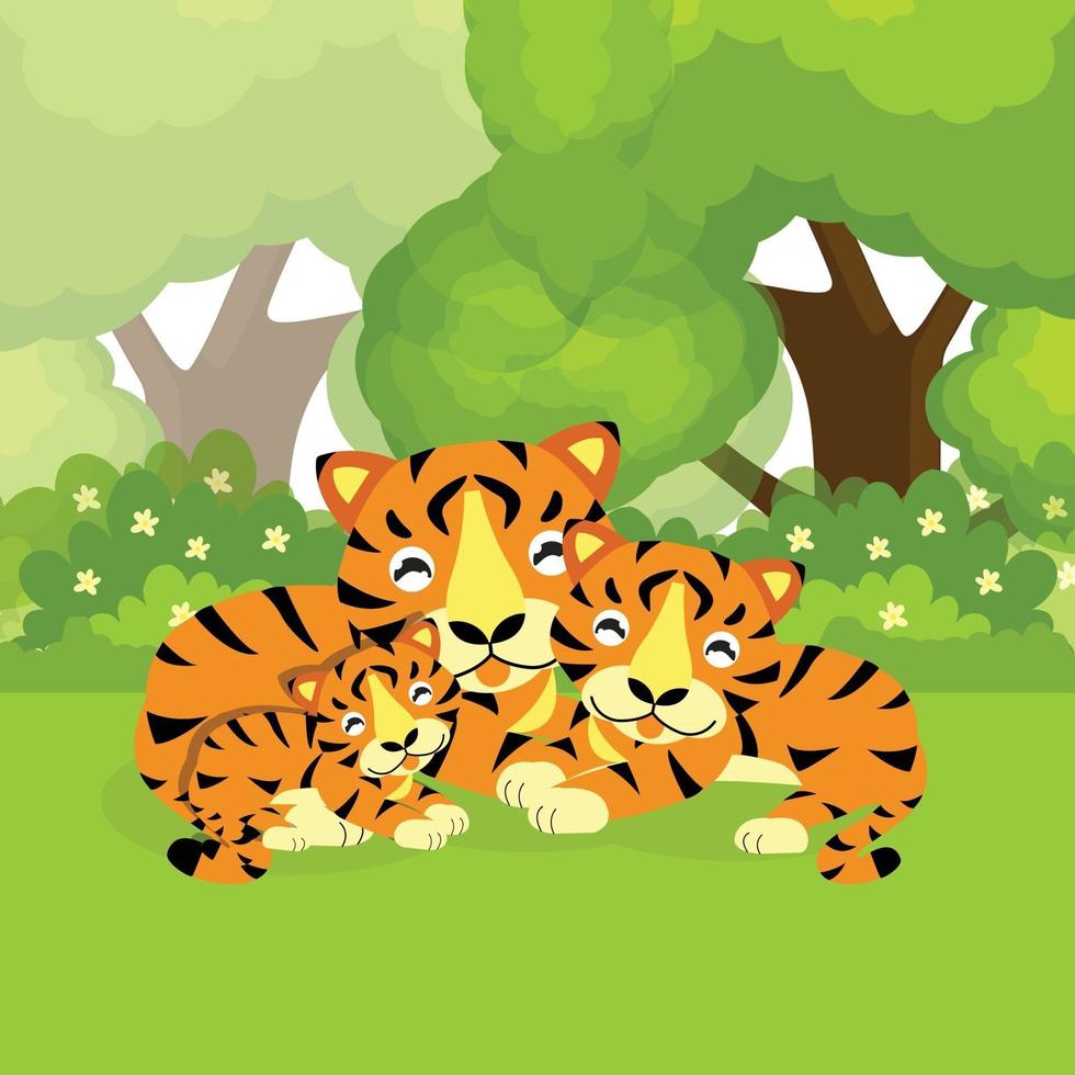 söt tiger tecknad familj i djungeln vektor