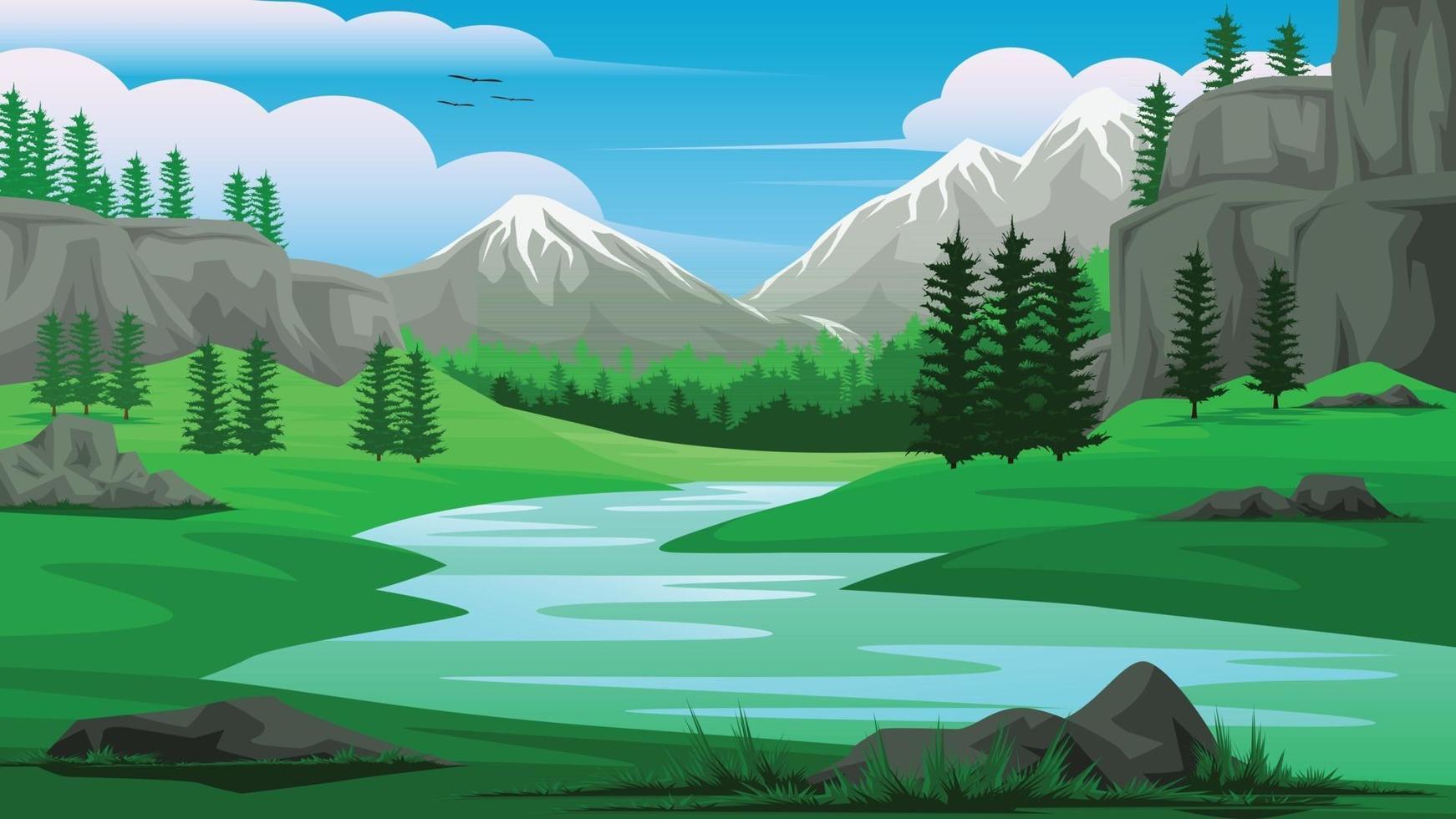 Illustration eines Blicks auf Stream Berge Himmel und Kiefernwald vektor