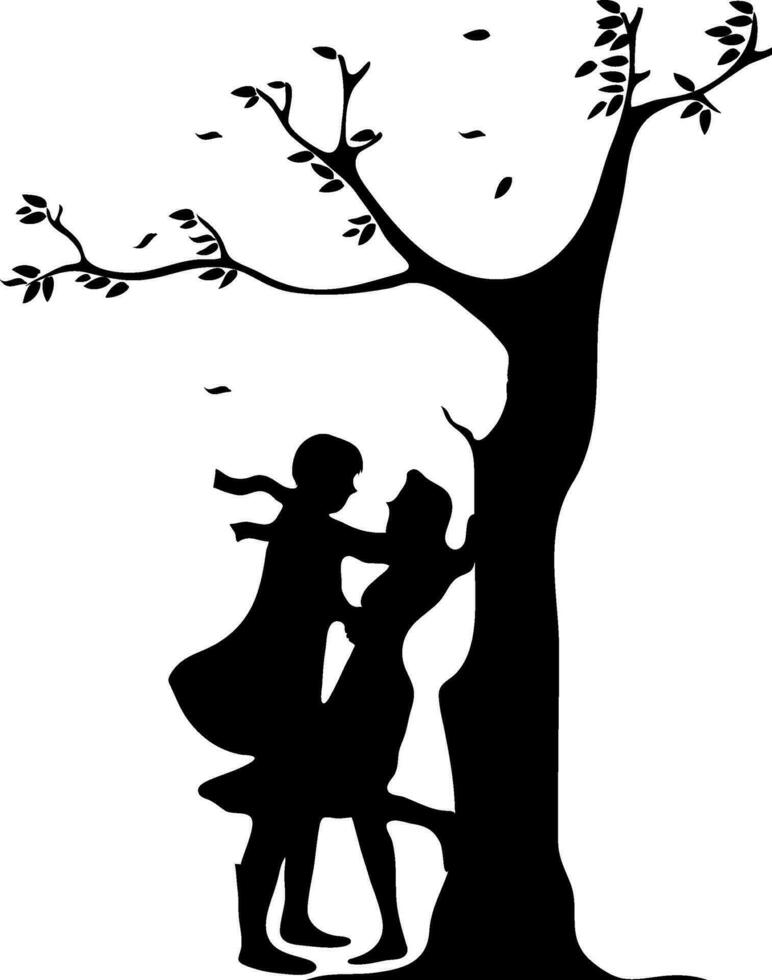 silhuett av ung par i kärlek under träd för Lycklig hjärtans dag firande. vektor