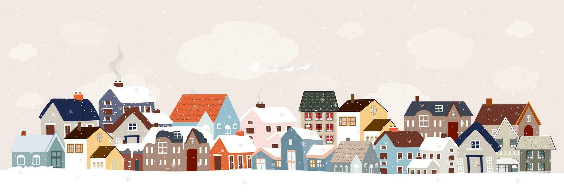 Winter Stadt Szene, Weihnachten Gruß Karte, neu Jahr 2024 Hintergrund, Vektor Illustration von Horizont süß Fee Häuser mit schneebedeckt zum Weihnachten Winter Landschaft Design zum Postkarte, Kalender, Web Banner