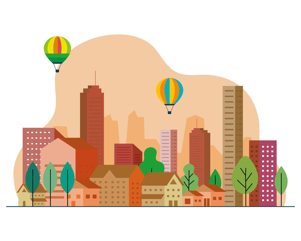 Stadtlandschaft mit orangefarbenen Gebäuden, Häusern, Heißluftballons und Bäumen Vektordesign vektor