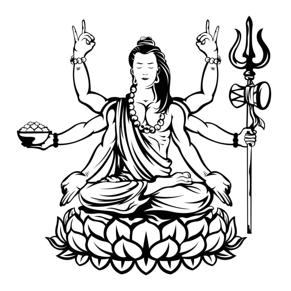 Herr Shiva im das Lotus Position. maha Shivaratri. schwarz und Weiß Vektor Illustration