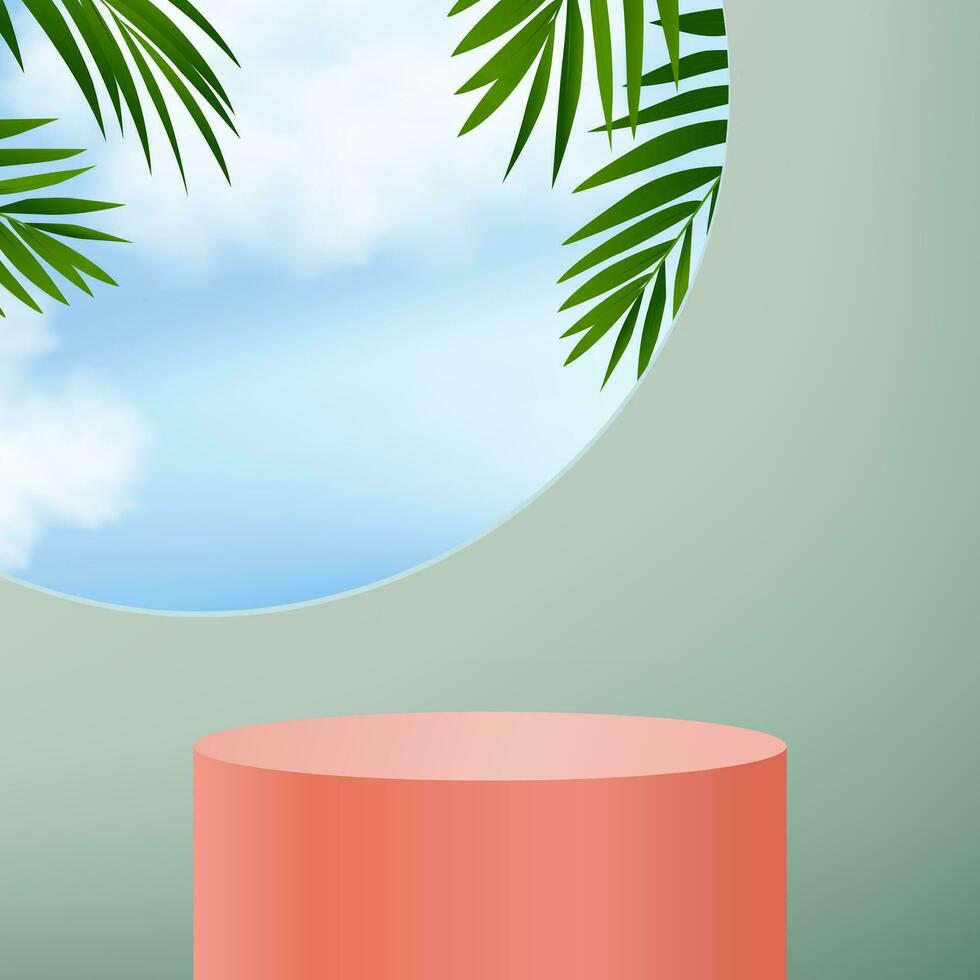 Sommer- Studio Hintergrund, 3d Fenster Anzeige Stand Podium mit Palme Blätter, Himmel und Wolke auf Grün Wand, Vektor minimal Hintergrund Design zum Frühling, Sommer- Produkt Präsentation, Verkauf, Werbung, Urlaub Veranstaltung