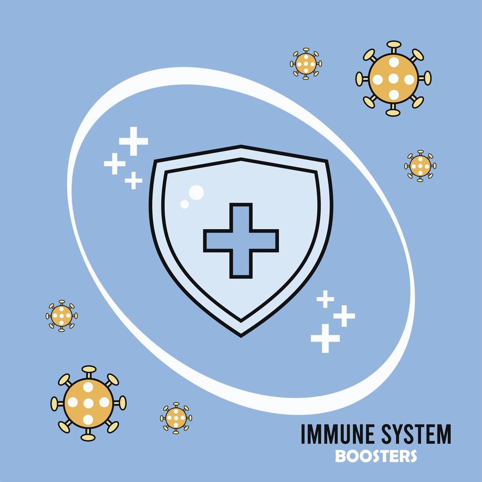 Immunsystem-Booster-Schild mit Schriftzug und Covid19-Partikeln vektor