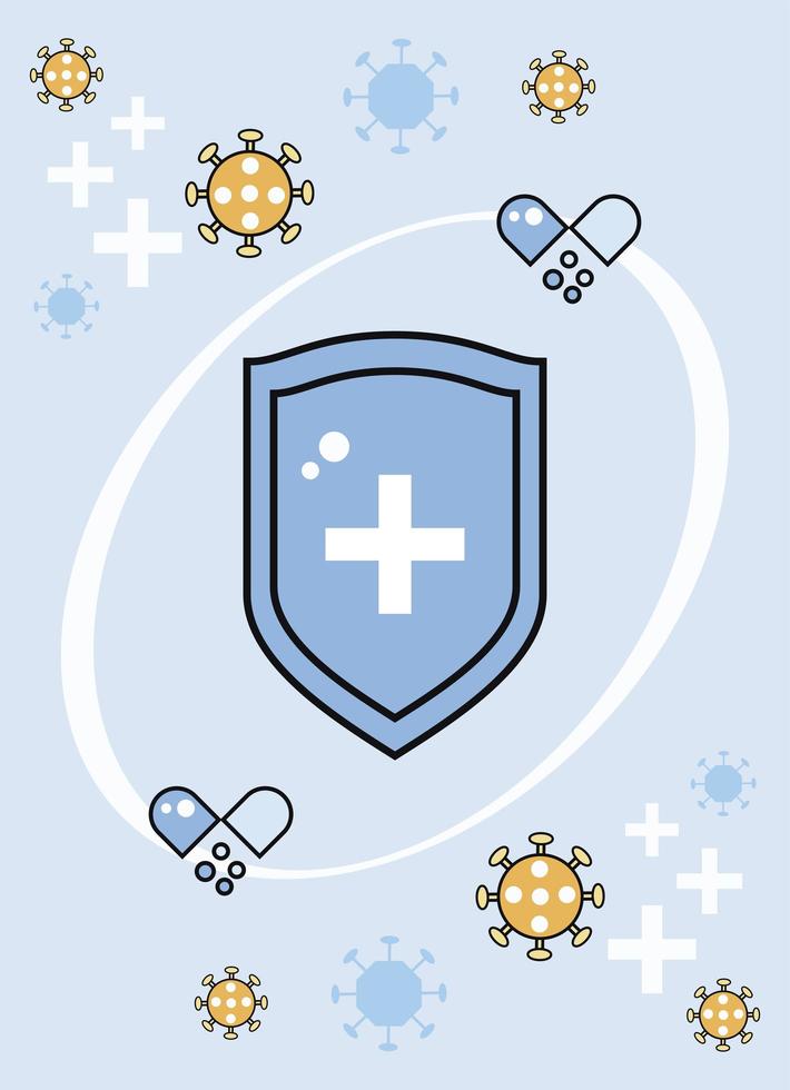 immunsystemets boostersköld med covid19-partiklar och kapslar vektor