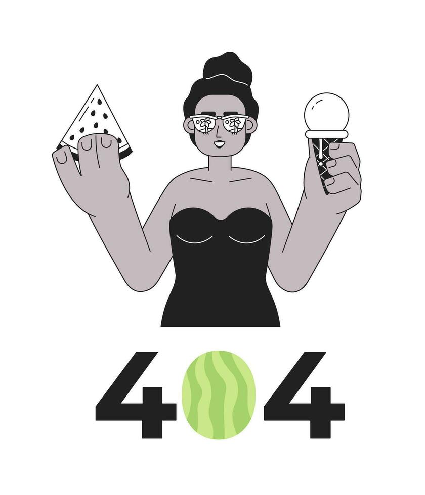 Essen Eis Creme, Wassermelone auf Strand schwarz Weiß Error 404 Blitz Botschaft. Sommer. einfarbig leeren Zustand ui Design. Seite nicht gefunden aufpoppen Karikatur Bild. Vektor eben Gliederung Illustration Konzept