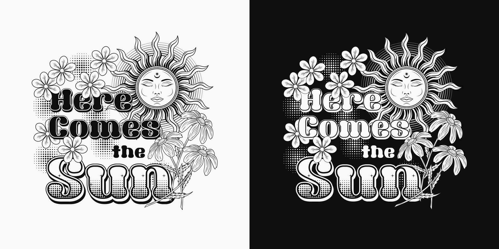 sommar märka med Sol med ansikte, kamomill, halvton och text. positiv, fredlig koncept. häftig, hippie retro stil. för Kläder, kläder, t-shirts, yta dekoration vektor