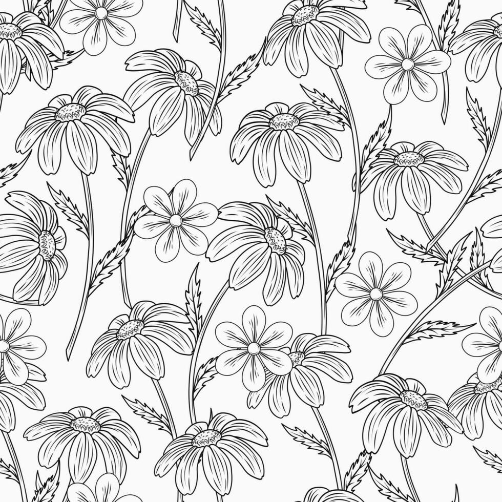 sommar blommig mönster med kamomill blommor med stam. häftig, hippie, naiv stil för kläder, tyg, textil, yta design. svartvit illustration på vit bakgrund vektor