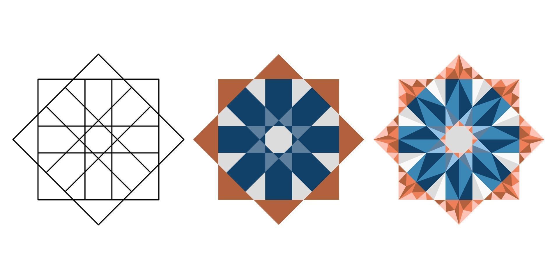 linjärt och platt och polygonal orientaliskt geometriskt blåbrunt kalejdoskop vektor