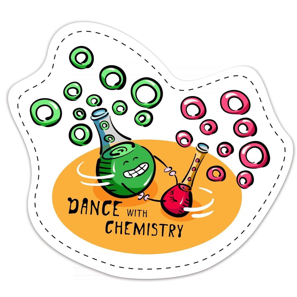 vektor klistermärke med dansande kemiska kolvar i tecknad stil