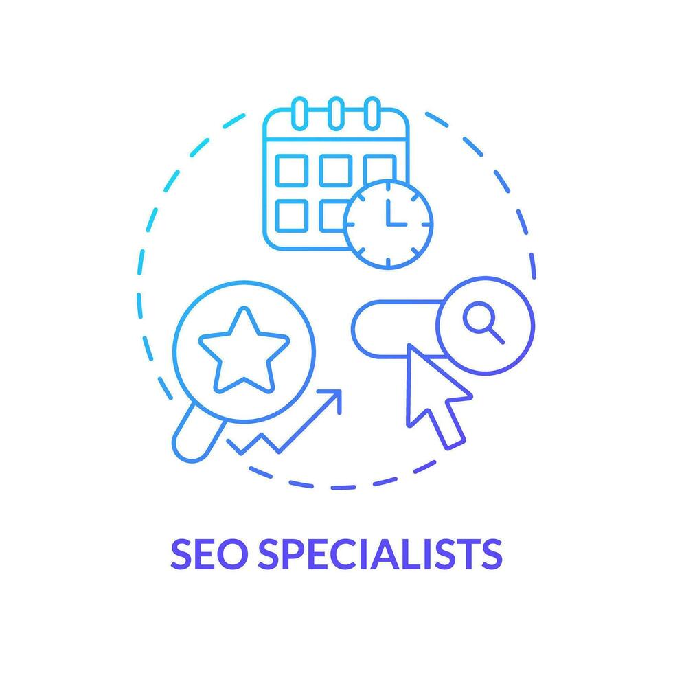 SEO Spezialisten Blau Gradient Konzept Symbol. Webseite Rangfolge. Suche Motor Optimierung. Inhalt Strategie. Digital Marketing abstrakt Idee dünn Linie Illustration. isoliert Gliederung Zeichnung vektor