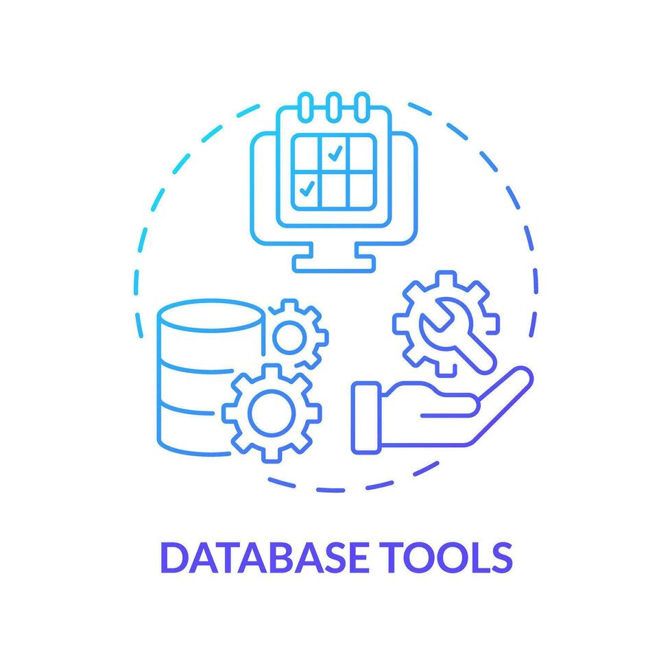 Datenbank Werkzeuge Blau Gradient Konzept Symbol. groß Daten. Information Lagerung. Kalender Planer. Inhalt planen. Verwaltung Software abstrakt Idee dünn Linie Illustration. isoliert Gliederung Zeichnung vektor