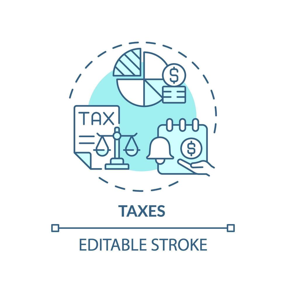 Steuern Türkis Konzept Symbol. steuerlich Politik. Geld Management. finanziell Verordnung. wirtschaftlich System. steuerpflichtig Einkommen abstrakt Idee dünn Linie Illustration. isoliert Gliederung Zeichnung. editierbar Schlaganfall vektor