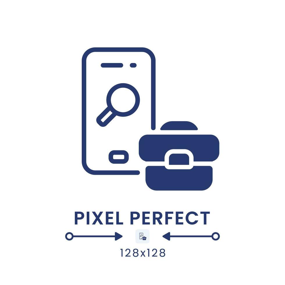 jobb Sök app svart fast skrivbordet ikon. rekrytering programvara. sysselsättning marknad. pixel perfekt 128x128, översikt 4px. silhuett symbol på vit Plats. glyf piktogram. isolerat vektor bild