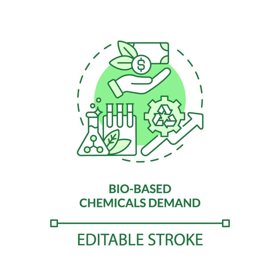 bio baserad kemikalier efterfrågan grön begrepp ikon. global marknadsföra trend. biotech industri växande aning tunn linje illustration. isolerat översikt teckning. redigerbar stroke vektor