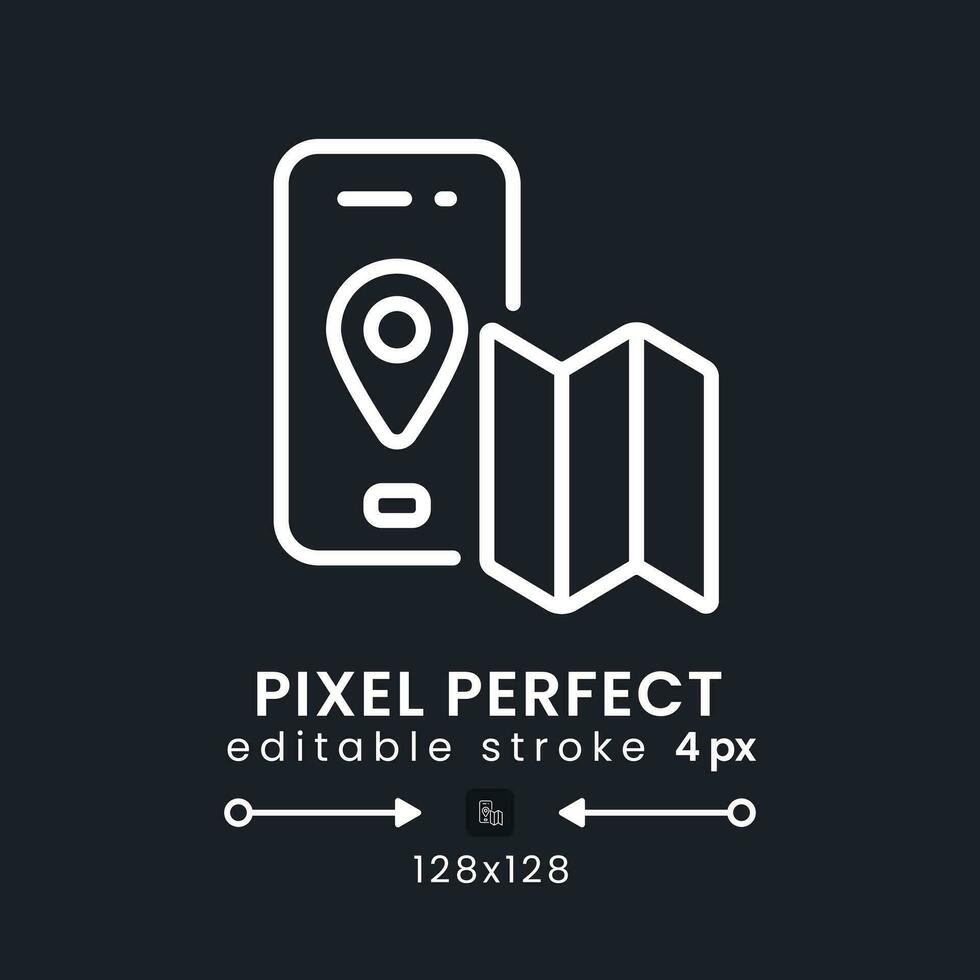 Navigation App Weiß linear Desktop Symbol auf schwarz. offline Karte. Fahren Richtungen. Route Planung. Pixel perfekt 128x128, Gliederung 4px. isoliert Benutzer Schnittstelle Symbol zum dunkel Thema. editierbar Schlaganfall vektor