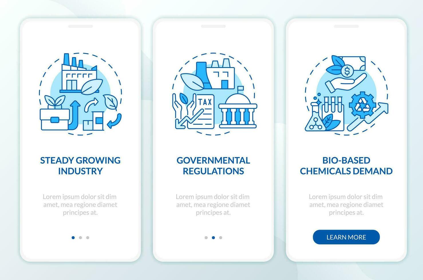 Entwicklung von bio basierend Materialien Blau Onboarding Handy, Mobiltelefon App Bildschirm. Komplettlösung 3 Schritte editierbar Grafik Anleitung mit linear Konzepte. ui, ux, gui Vorlage vektor