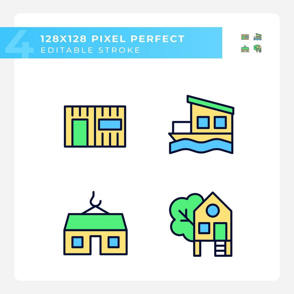 kompakt Häuser Pixel perfekt rgb Farbe Symbole Satz. modular und Container Häuser. Baumhaus zum Erholung. isoliert Vektor Illustrationen. einfach gefüllt Linie Zeichnungen Sammlung. editierbar Schlaganfall