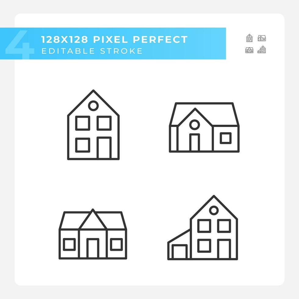 Single Familie Häuser Pixel perfekt linear Symbole Satz. erschwinglich Eigentum. zwei Stockwerk heim. echt Nachlass Agentur. anpassbar dünn Linie Symbole. isoliert Vektor Gliederung Illustrationen. editierbar Schlaganfall